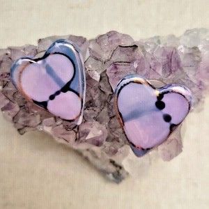 Heart Shaped Ceramic Glazed Post Earrings Blue Lavender Bronze Studs Pierced